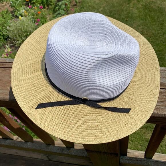 New MB Krauss Fedora Panama Tan White Colorblock Straw Beach Sun Hat - Picture 1 of 5